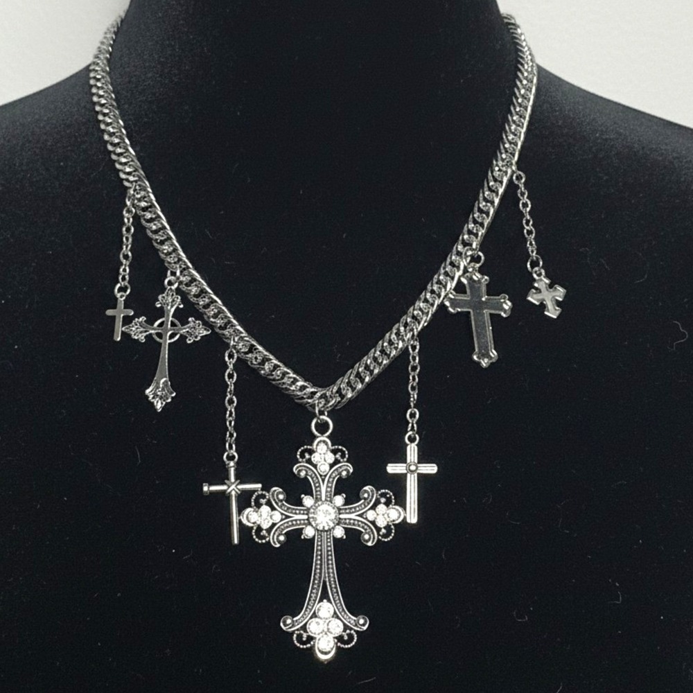 New‎ Silver Rhinestone Multi Cross Charm Curb Chain Necklace Goth Grunge